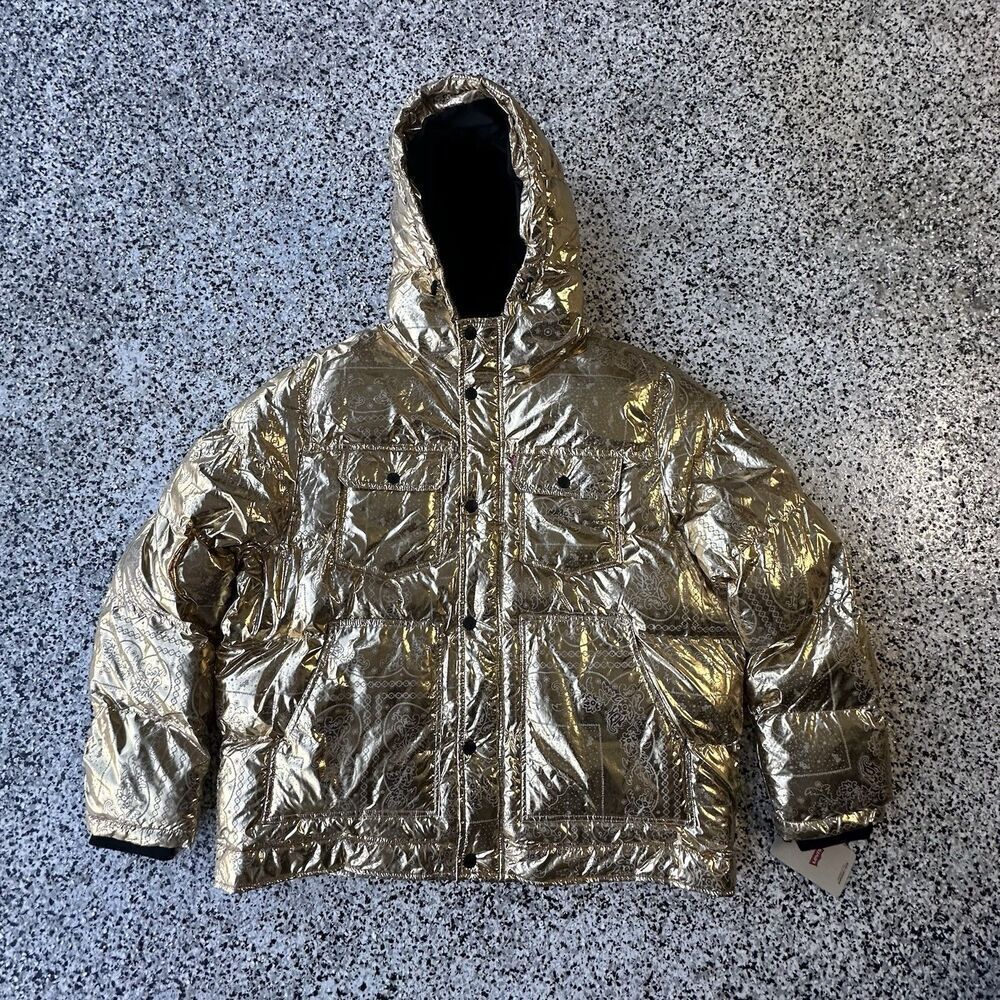Levi’s Puffer Jacket Mens XXL Metallic Gold Bandana Hooded Insulated Zip Button